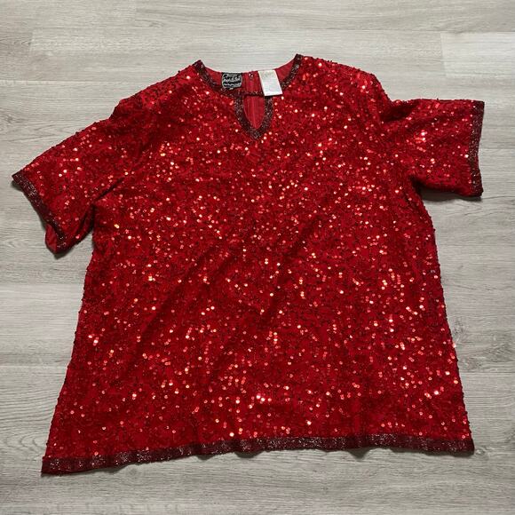 100% Pure Silk Plus Size Red Glittler Set Sequin Christmas Size 26W - Picture 2 of 10